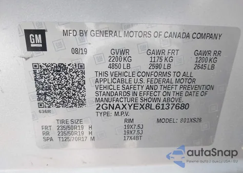2020 Chevrolet Equinox Premier z USA, uszkodzony, nr VIN 2GNAXYEX8L6137680